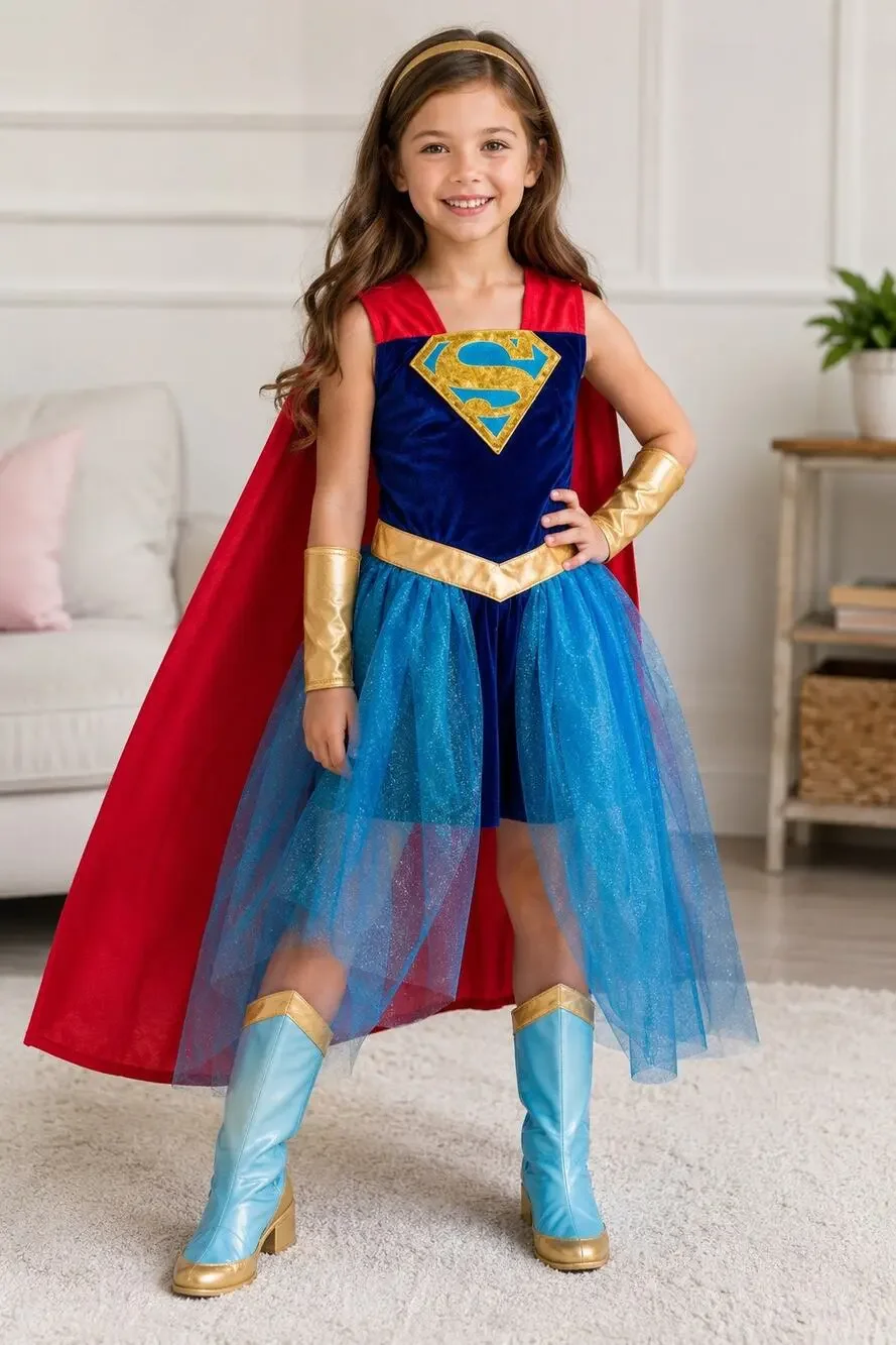 DC Super Hero Girls Supergirl Costume Dress Cape & Accessories NWOT Medium 2017